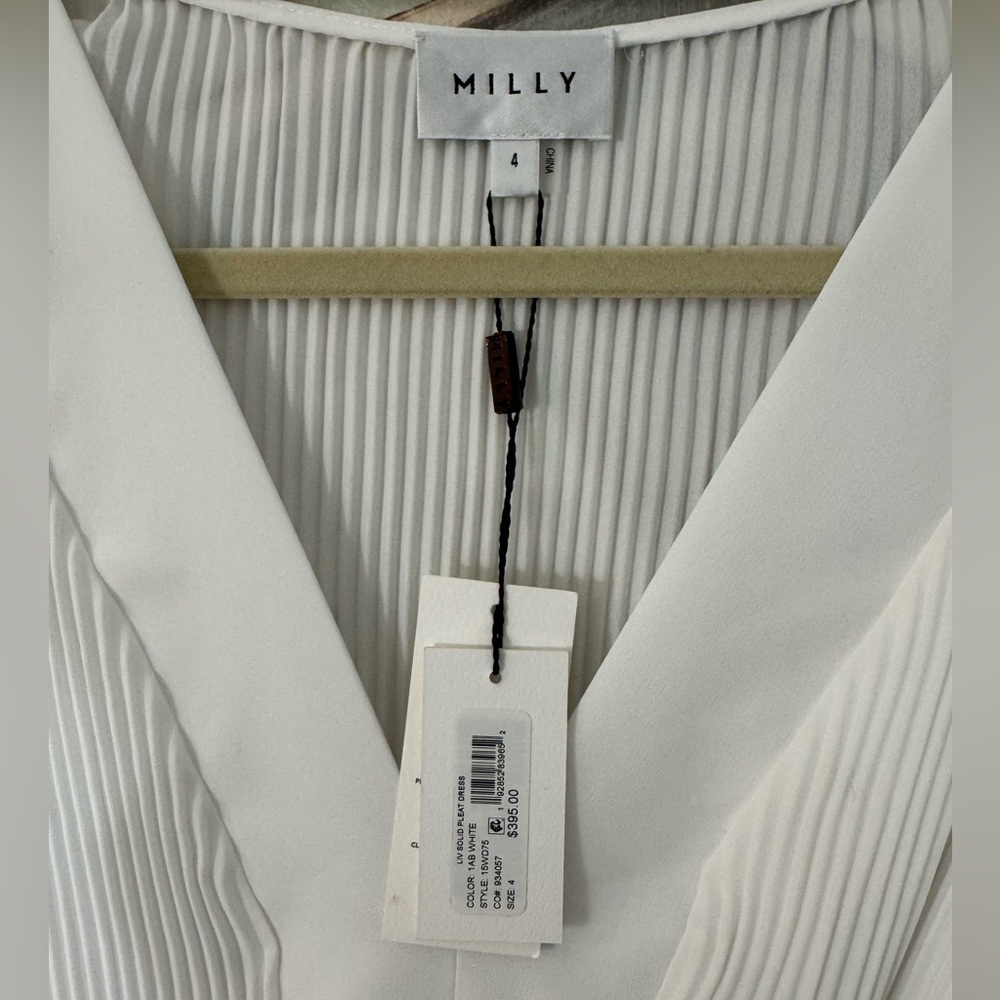 MILLY Liv Belted Pleated Long Sleeve Dress White NWT Size 4 - Picture 4 of 6